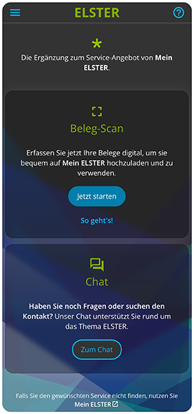 Screenshot der Startseite der App Mein ELSTER Plus
