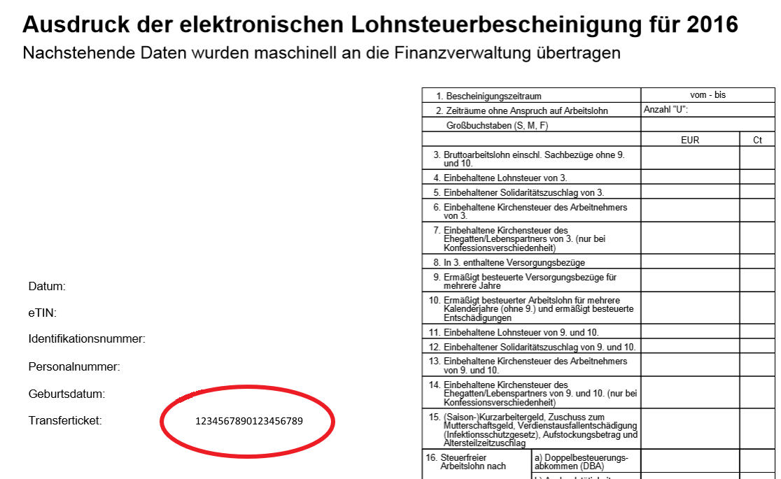 Beispiel einer Lohnsteuerbescheinigung, Transferticket ist farblich markiert.